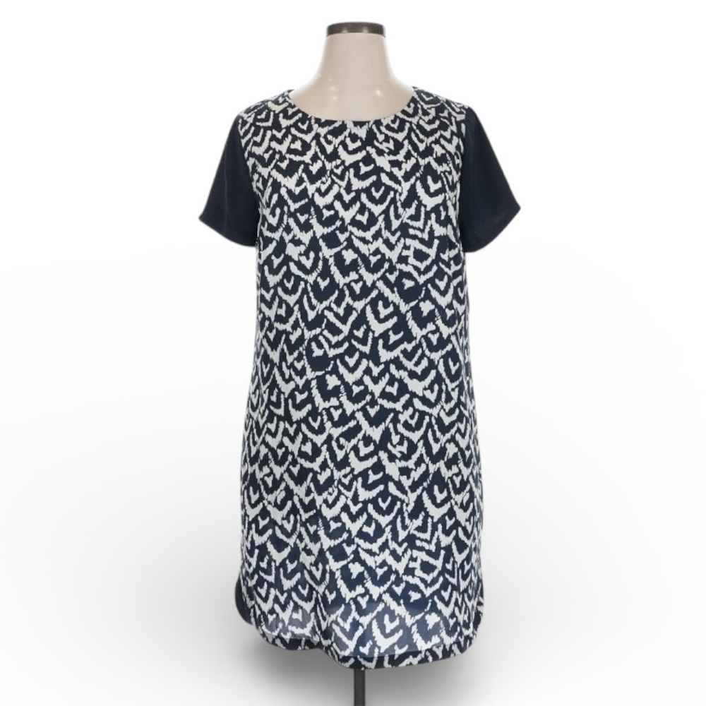 DKNYC Shift Dress Navy White Abstract Print Short Sleeve Work Casual Size XL - Picture 2 of 9
